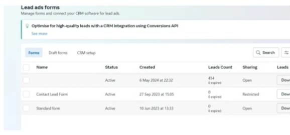 Meta lead forms panel showing one active form with 454 leads.